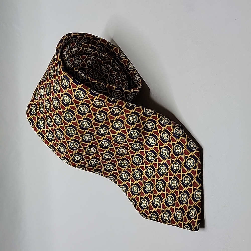 SULKA Dark Red Blue Yellow Print Silk Neck Tie
